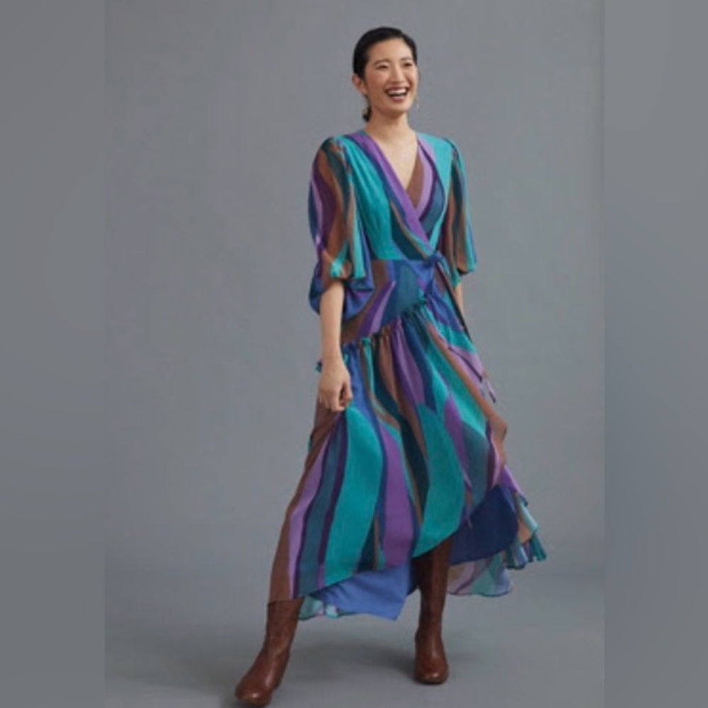 Anthropologie Blue and Purple Geo Wrap Dress